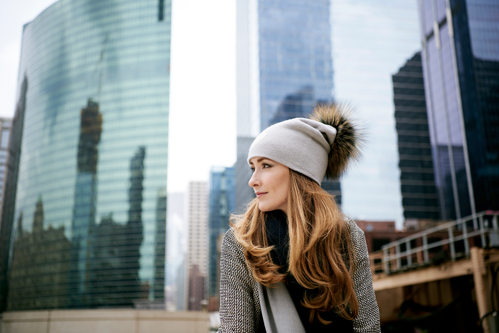 Reversible Slouchy Light Grey Cashmere Hat with White Heart and Pine Mist Pom-Pom, Hat - Loveknitz