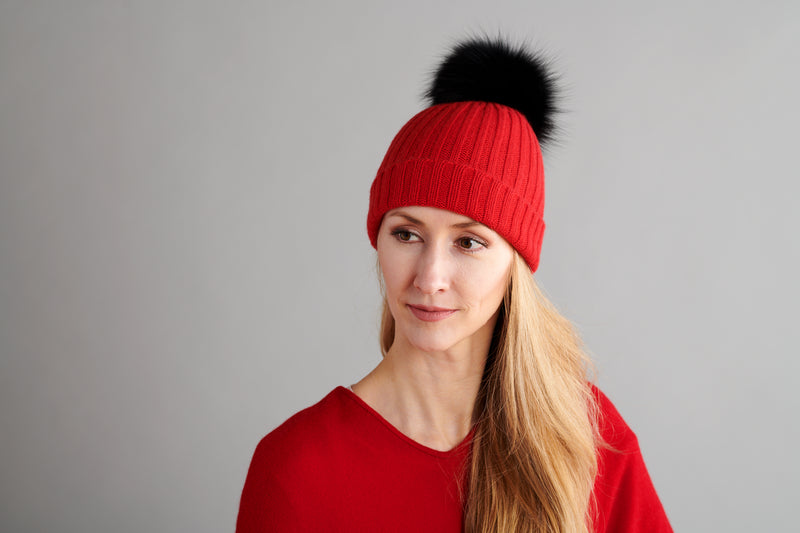 Ribbed Red Cashmere Hat with Black Pom-Pom – Loveknitz